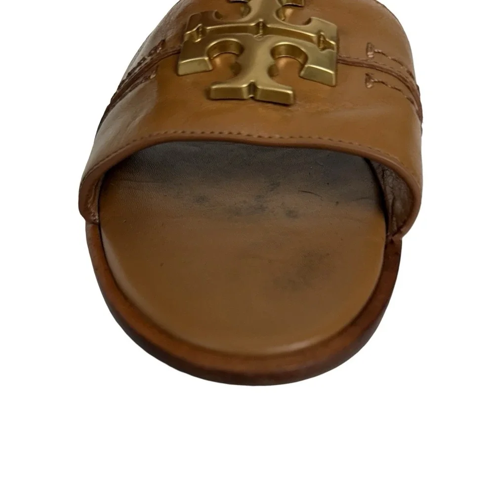 Tory Burch Everly Brown Leather Slide Sandals Gold Logo Accent Womens 8 M